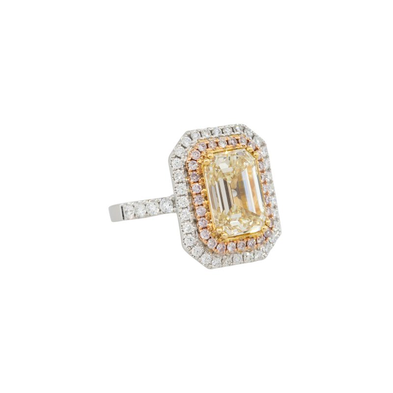 18k Tri-Color Gold 5.01ct Emerald Cut Diamond Double Halo Ring
