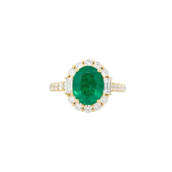 18k Yellow Gold 2.6ct Oval Cut Emerald & 1.29ct Diamond Halo Ring