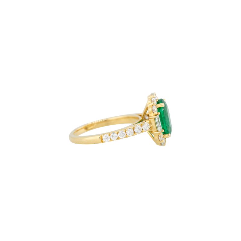 18k Yellow Gold 2.6ct Oval Cut Emerald & 1.29ct Diamond Halo Ring