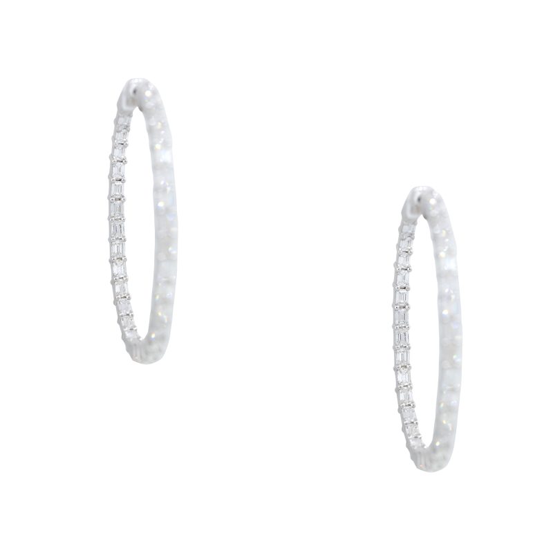 18k White Gold 7.0ctw Emerald Cut Diamond Hoop Earrings