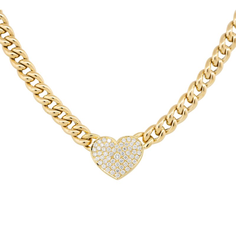 18k Yellow Gold 0.67ctw Pave Diamond Heart on Curb Link Necklace