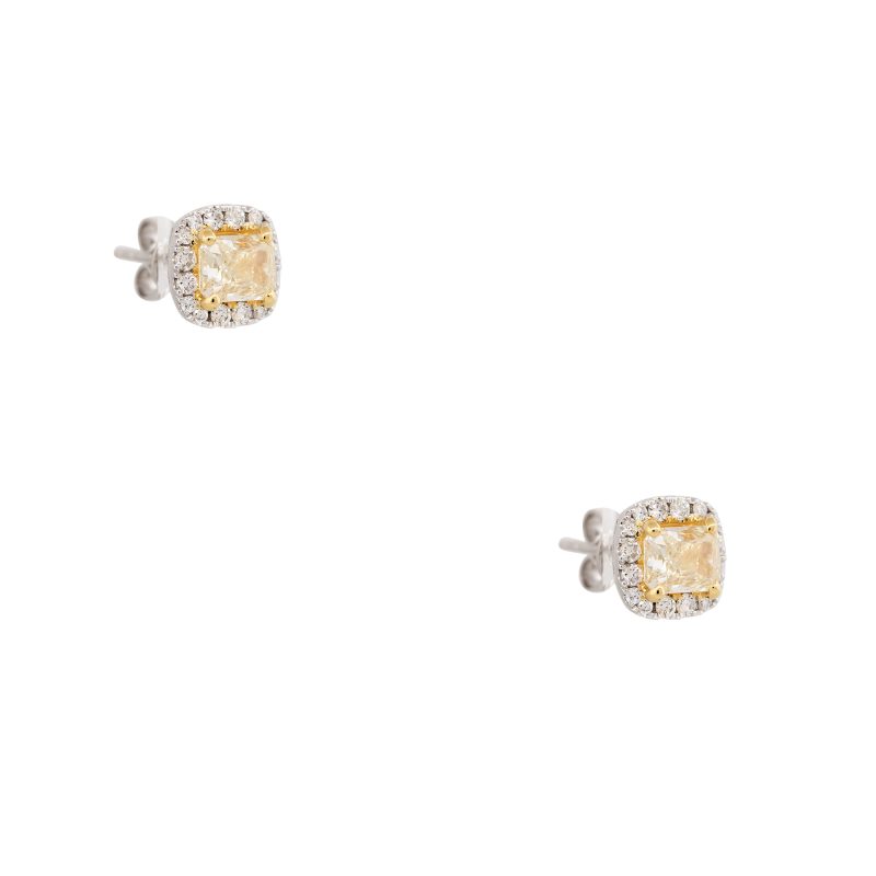 18k Two-Tone Gold 1.45ct Fancy Yellow Cushion Cut Diamond Halo Earrings