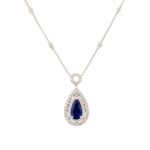 GIA Certified 18k White Gold 1.73ct Sapphire & 0.98ct Diamond Necklace With Diamond Stations