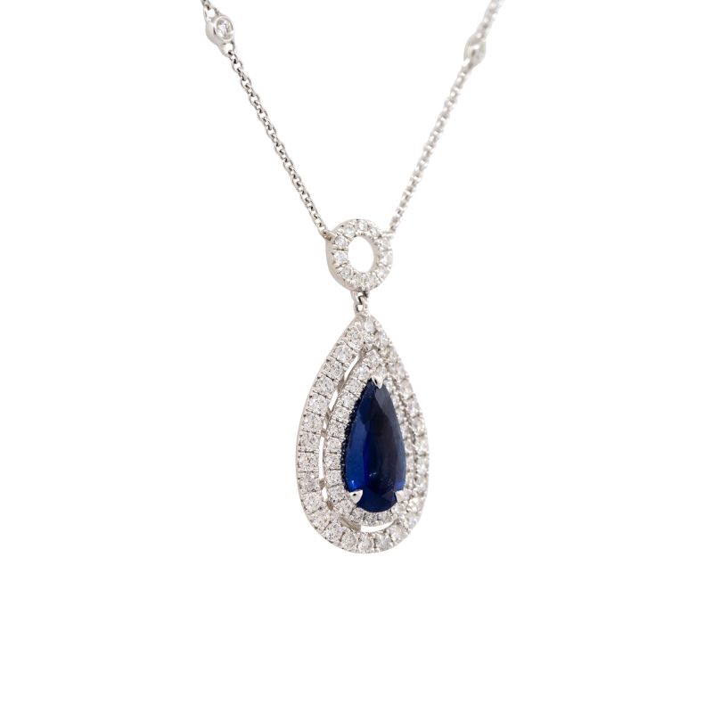 GIA Certified 18k White Gold 1.73ct Sapphire & 0.98ct Diamond Necklace With Diamond Stations