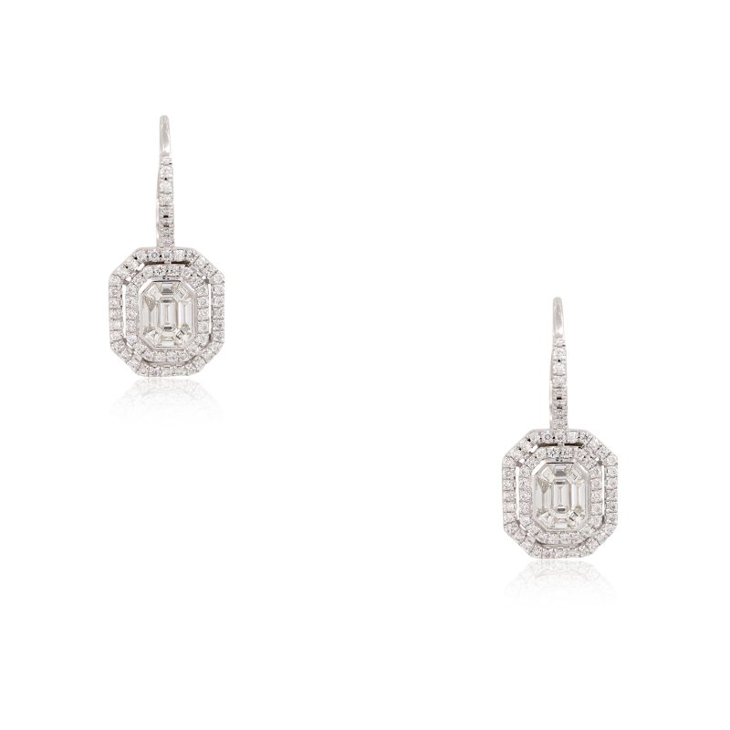 14k White Gold 1.29ctw Diamond Mosaic Double Halo Square Earrings