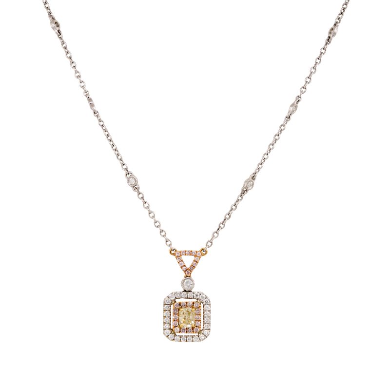 18k Tri-Color Gold 0.97ctw Pink, Yellow & White Diamond Square Necklace with Diamonds along chain