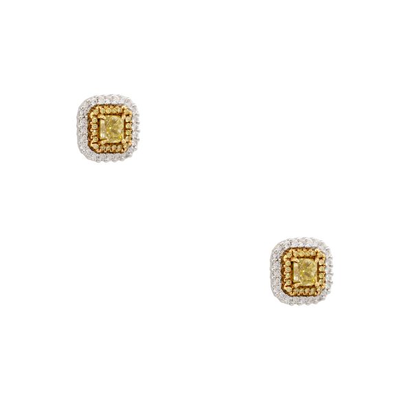 GIA 18k Two-Tone Gold 2.04ct Fancy Yellow Radiant Cut Diamond Halo Earrings