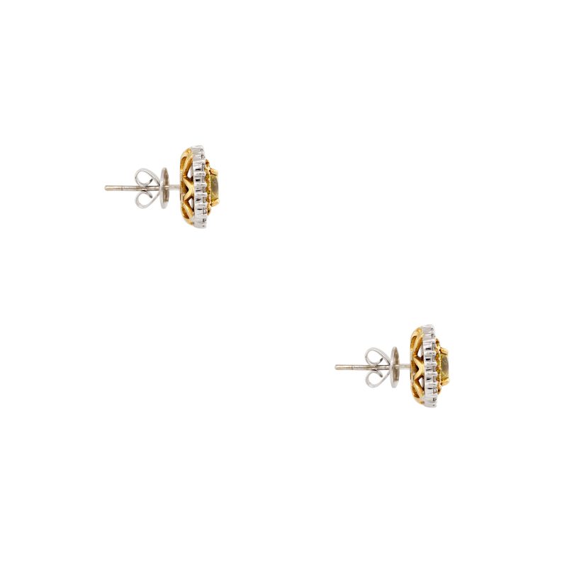 GIA 18k Two-Tone Gold 2.04ct Fancy Yellow Radiant Cut Diamond Halo Earrings