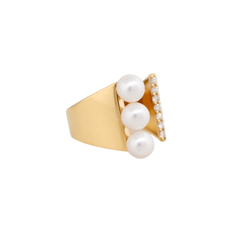 18k Yellow Gold 3 Pearl 0.10ct Round Brilliant Cut Diamond Disconnected Ring