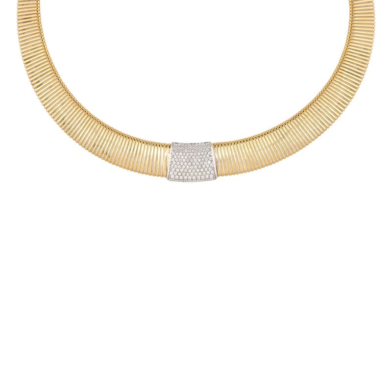 18k Two-Tone Gold 1.56ctw Pave Diamond Station Ribbed Collar Necklace