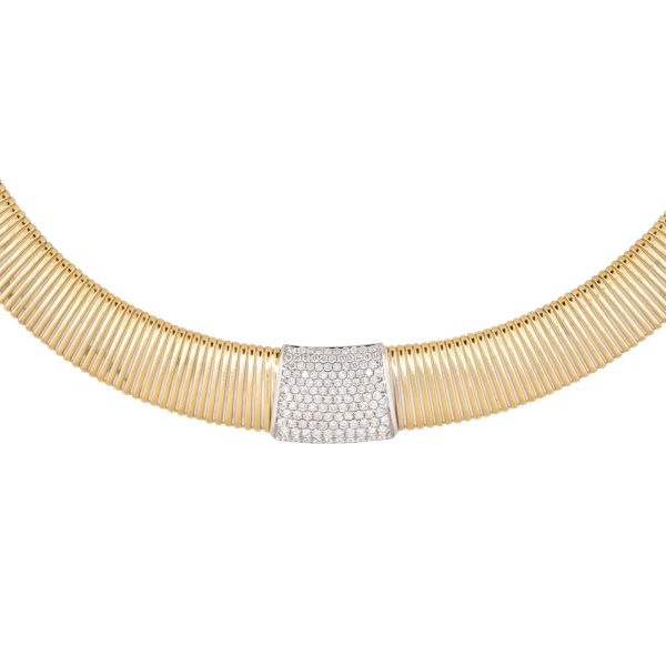 18k Two-Tone Gold 1.56ctw Pave Diamond Station Ribbed Collar Necklace