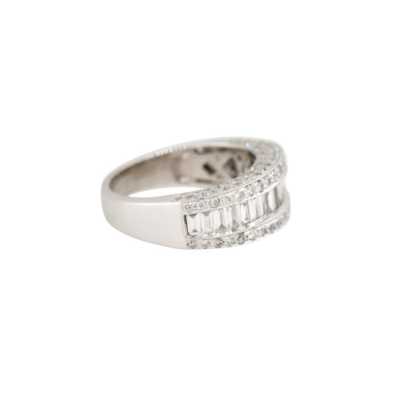 14k White Gold 1.7ctw Round Brilliant & Baguette Cut Diamond 3-Row Ring