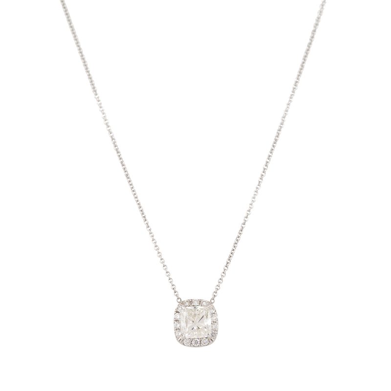 GIA 18k White Gold 2.7ct Cushion Cut Diamond Halo Necklace