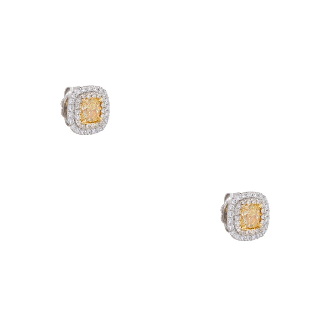 GIA 18k Two-Tone Gold 2.13ct Fancy Yellow Cushion Cut Diamond Halo Earrings