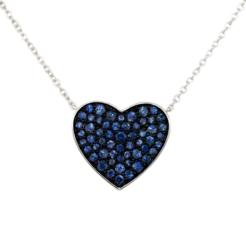 14k White Gold 1.18ct Sapphire & 0.06ct Diamond Pave Heart Necklace with Heart Shaped Stations