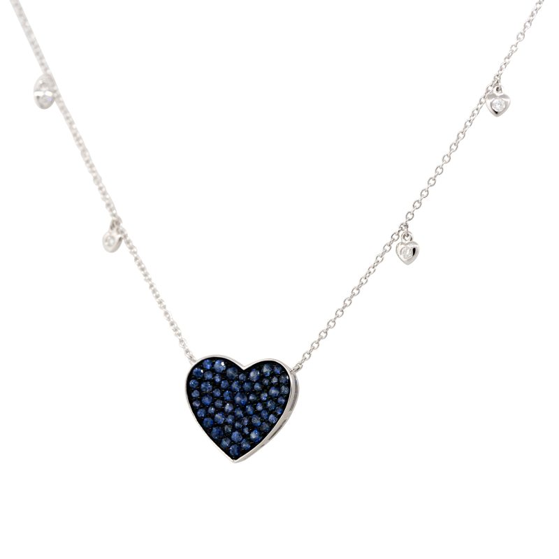 14k White Gold 1.18ct Sapphire & 0.06ct Diamond Pave Heart Necklace with Heart Shaped Stations