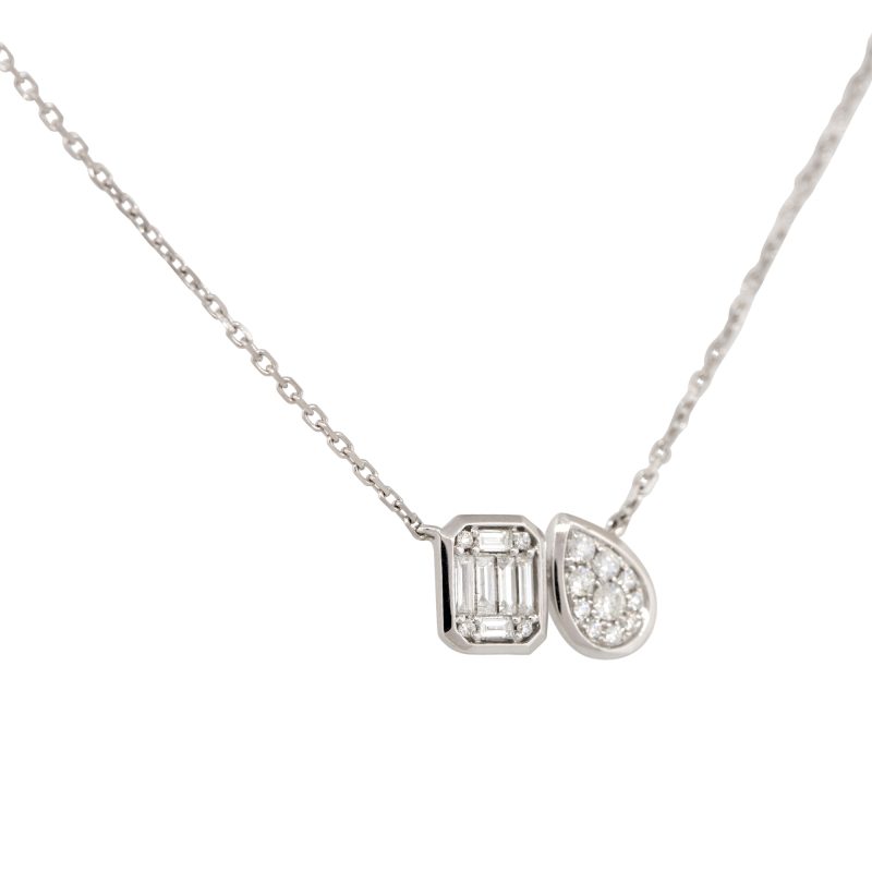 18k White Gold 0.38ct Mosaic Diamond Rectangle & Tear Drop Necklace
