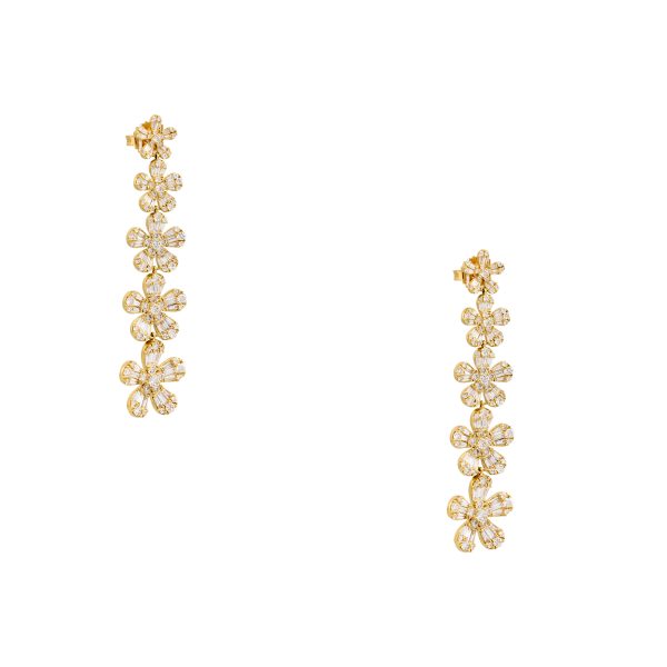 18k Yellow Gold 4.26ctw Round Brilliant & Baguette cut Diamond 5 Flower Drop Earrings