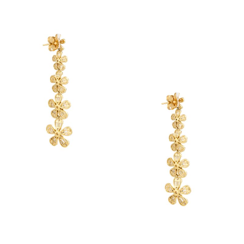18k Yellow Gold 4.26ctw Round Brilliant & Baguette cut Diamond 5 Flower Drop Earrings
