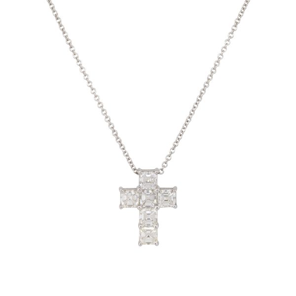 18k White Gold 1.9ct Asscher Cut Diamond Cross Pendant Necklace