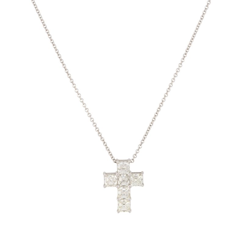 18k White Gold 1.9ct Asscher Cut Diamond Cross Pendant Necklace