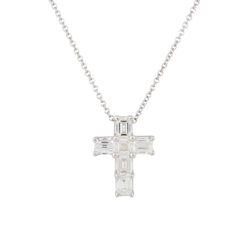 14k White Gold 2.95ct Emerald Cut Diamond Cross Pendant Necklace