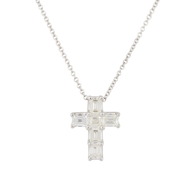 14k White Gold 2.95ct Emerald Cut Diamond Cross Pendant Necklace