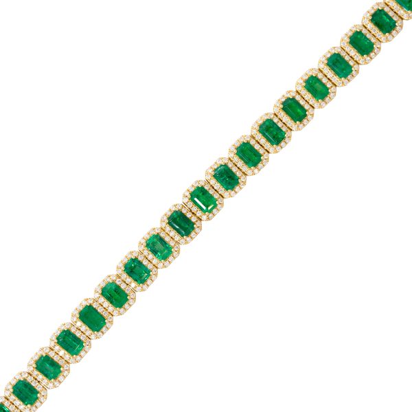 18k Yellow Gold 13.43ct Emerald & 2.76ct Round Brilliant Cut Diamond Halo Bracelet