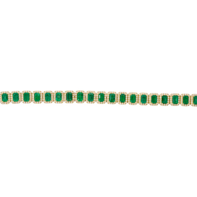 18k Yellow Gold 13.43ct Emerald & 2.76ct Round Brilliant Cut Diamond Halo Bracelet