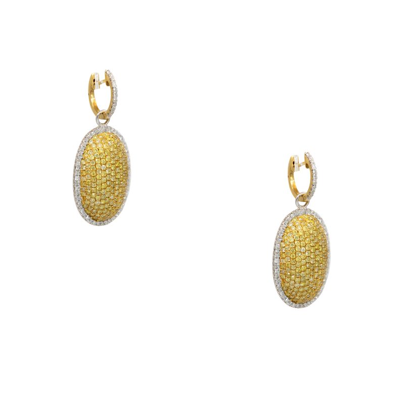 18k Two-Tone Gold 3.66ctw Yellow & White Diamond Oval Shape Drop Earrings
