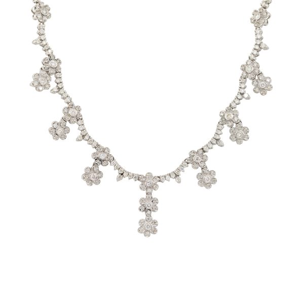 14k White Gold 4.7ct Diamond Multi-Flower Drop Scallop Necklace