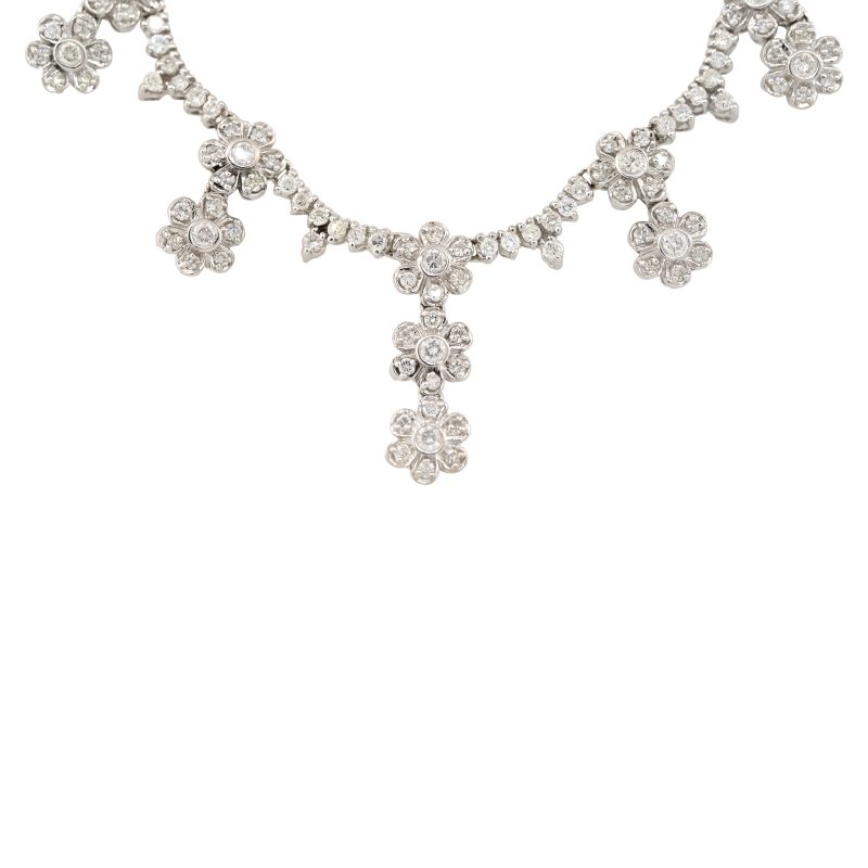 14k White Gold 4.7ct Diamond Multi-Flower Drop Scallop Necklace