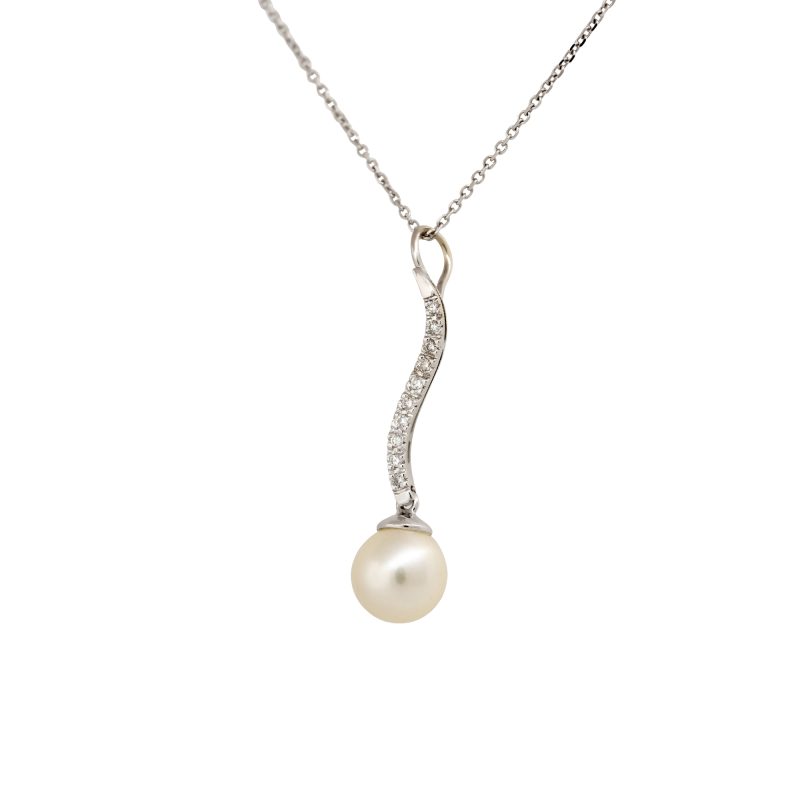 14k White Gold Single Pearl & Round Brilliant Diamond Drop Pendant Necklace