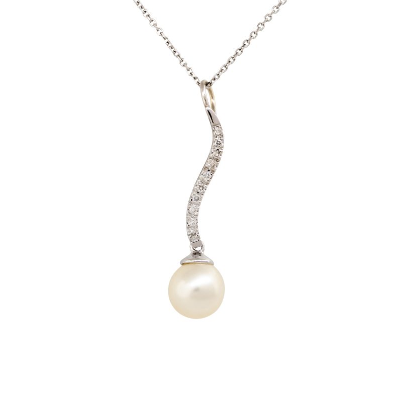 14k White Gold Single Pearl & Round Brilliant Diamond Drop Pendant Necklace