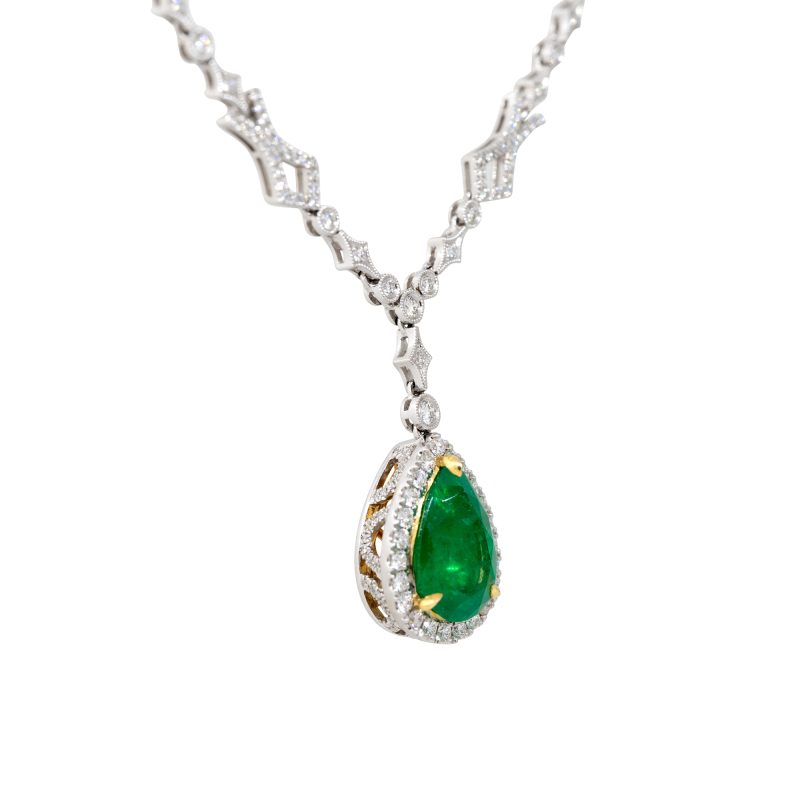 GIA 18k Two-Tone Gold 5.80ctw Pear-Shape Emerald & 1.31ctw Diamond Halo Drop Necklace 