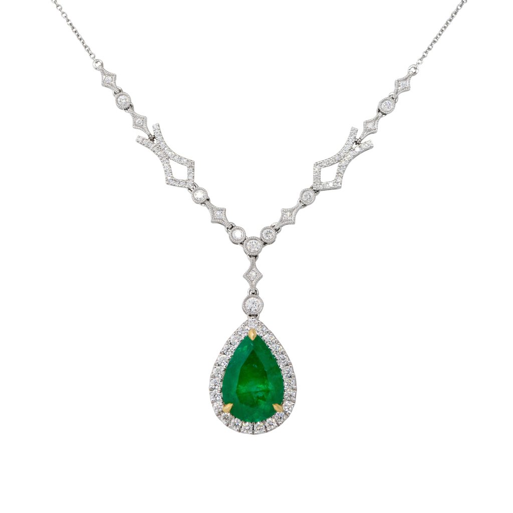 GIA 18k Two-Tone Gold 5.80ctw Pear-Shape Emerald & 1.31ctw Diamond Halo Drop Necklace 