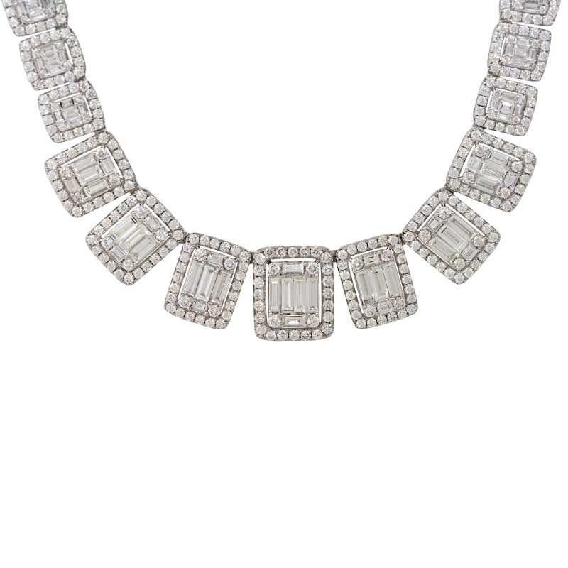 18k White Gold 26.69ctw Round Brilliant & Baguette Diamond Large Graduated Necklace