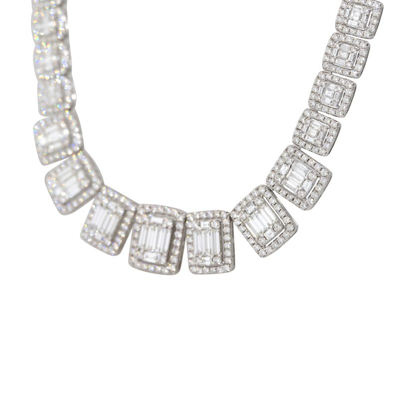 18k White Gold 26.69ctw Round Brilliant & Baguette Diamond Large Graduated Necklace