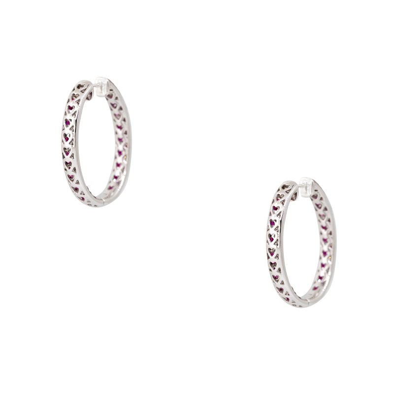 18k White Gold 3.45ctw Ruby & 1.42ctw Diamond Inside Out 3-Row Hoop Earrings