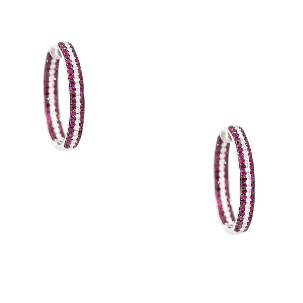 18k White Gold 3.45ctw Ruby & 1.42ctw Diamond Inside Out 3-Row Hoop Earrings