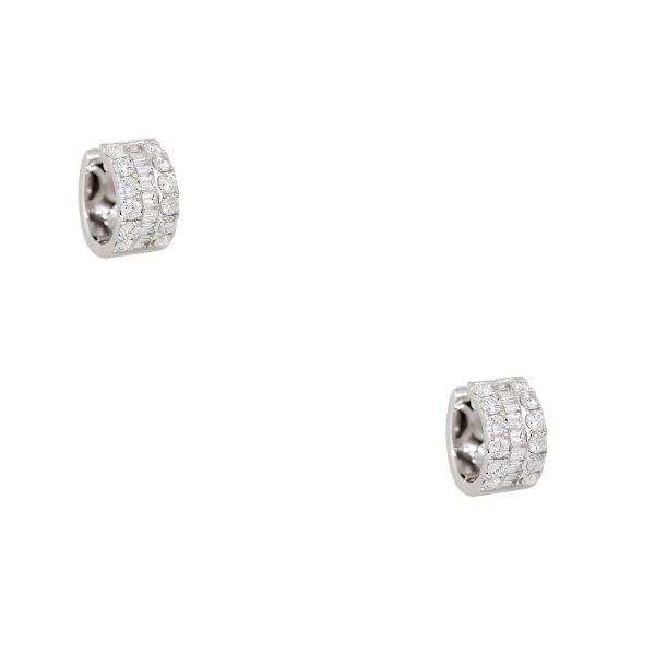 18k White Gold 2.10ctw Round Brilliant & Baguette Diamond Mini Huggie Hoop Earrings