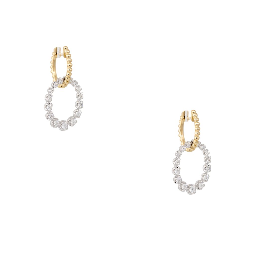 18k Two-Tone Gold 0.74ctw Round Brilliant Diamond Hoop Ribbed Earrings