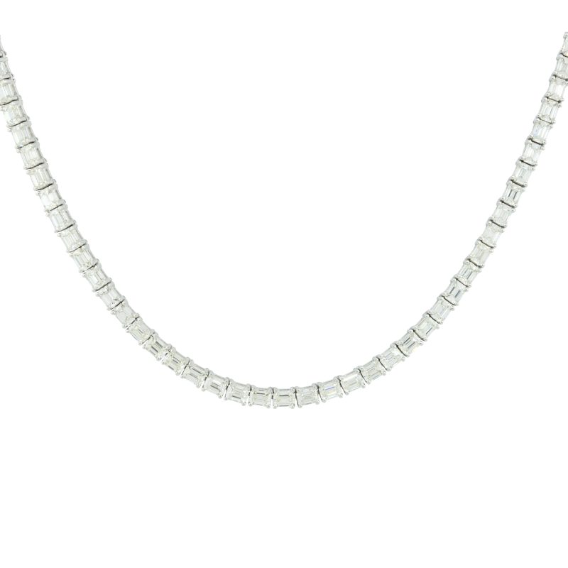 18k White Gold 13.59ctw Emerald Cut Diamond Tennis Necklace