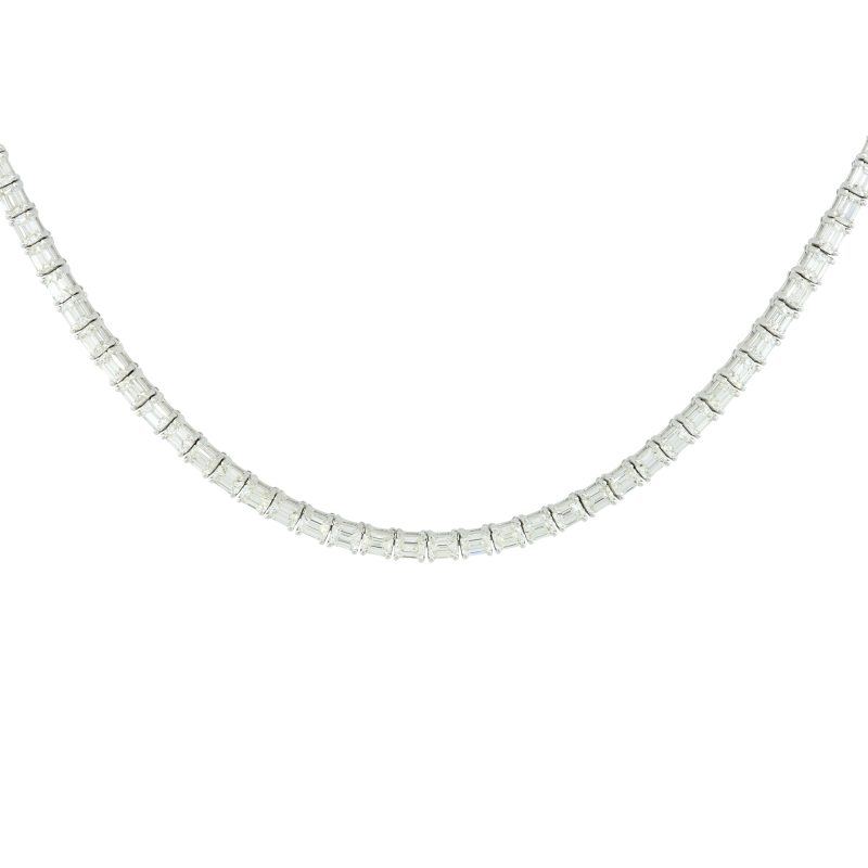 18k White Gold 13.59ctw Emerald Cut Diamond Tennis Necklace