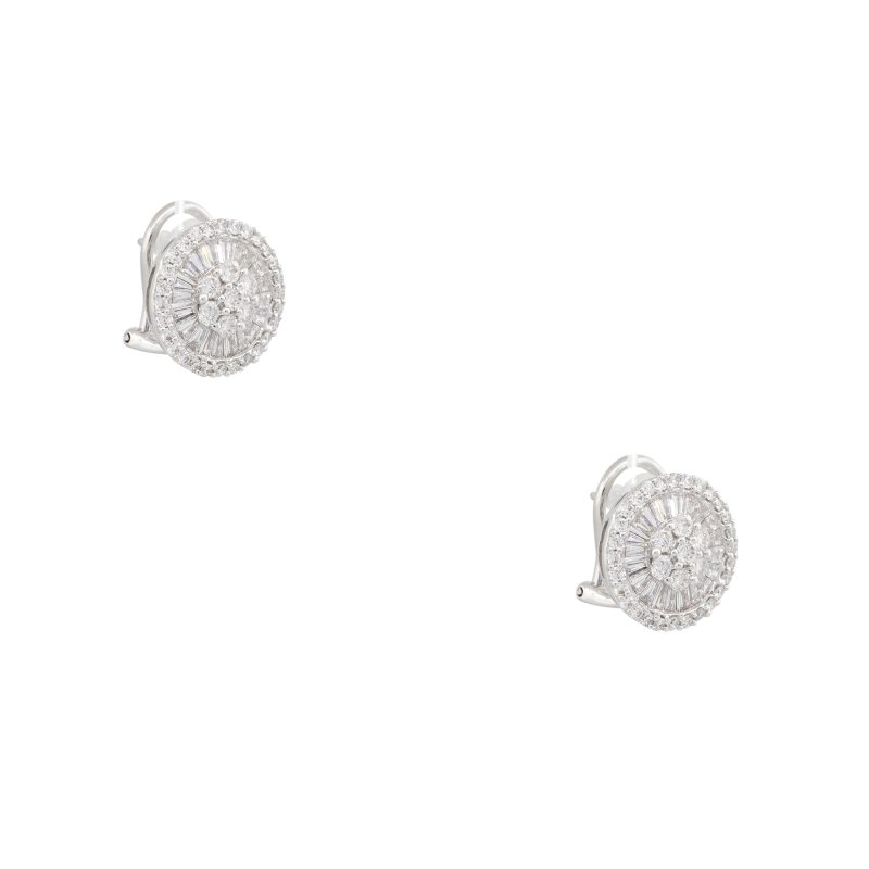 18k White Gold 2.30ctw Round Brilliant & Baguette Cut Diamond Button Earrings
