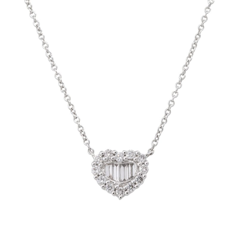 18k White Gold 0.51ctw Round Brilliant & Baguette Diamond Heart Necklace