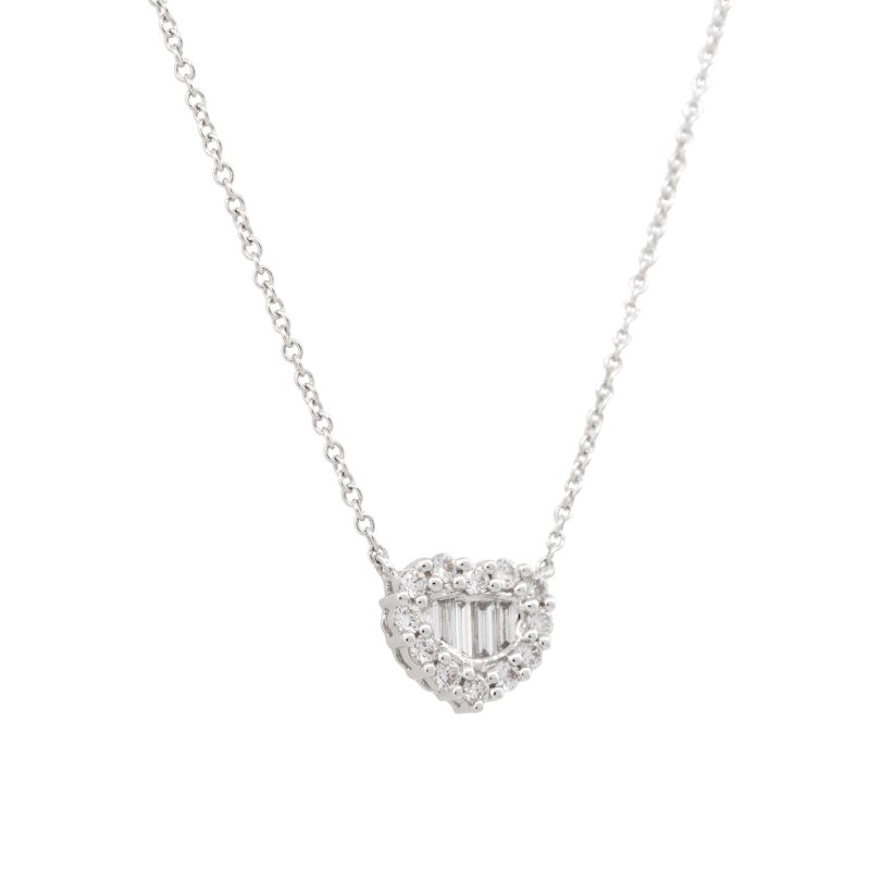 18k White Gold 0.51ctw Round Brilliant & Baguette Diamond Heart Necklace