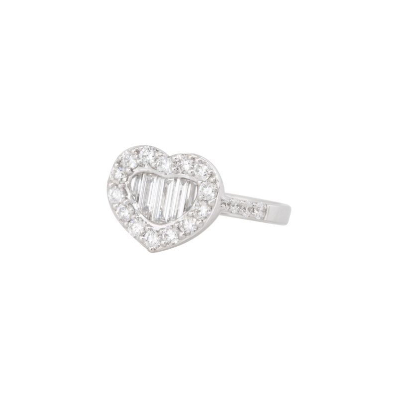 18k White Gold 1.50ctw Round Brilliant & Baguette Cut Diamond Heart Ring