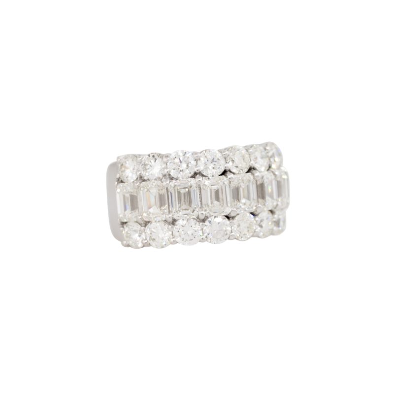 18k White Gold 7.23ctw Round Brilliant & Emerald Cut Diamond 3-Row Ring