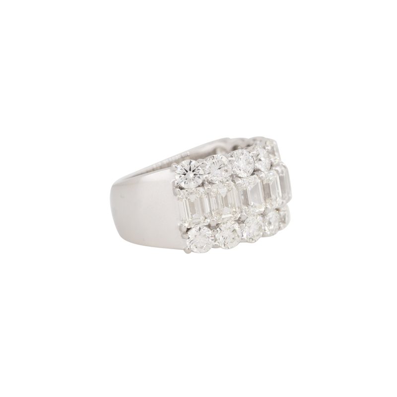 18k White Gold 7.23ctw Round Brilliant & Emerald Cut Diamond 3-Row Ring